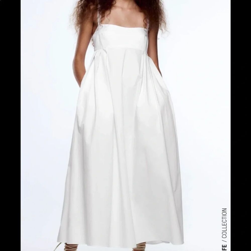 Zara White Voluminous Dress Midi Poplin Cotton Lined. 7385/341/250. Size S